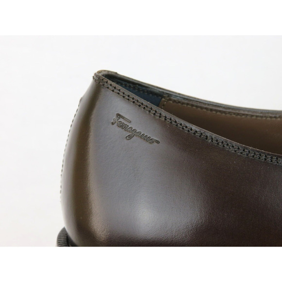 NIB FERRAGAMO SEUL DARK BROWN POLISHED LEATHER CAP TOE LOGO OXFORDS 11.5 EE main image 4